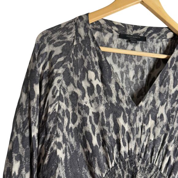 All Saints Nichola Gray Leopard Animal V-Neck Handkerchief Mini Dress Size M - Picture 8 of 15